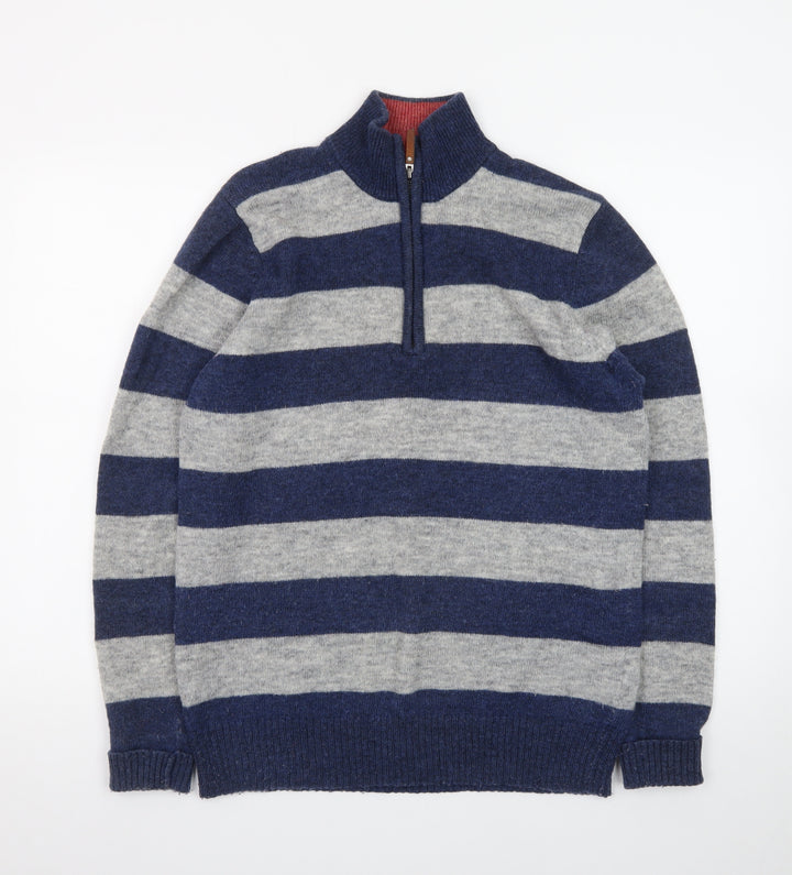 Jack Russell Men’s Blue Grey Striped 1/2 Zip Wool Jumper M