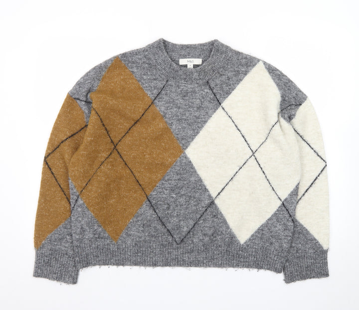 Marks and Spencer Women's Grey Argyle Wool Blend Pullover Jumper M