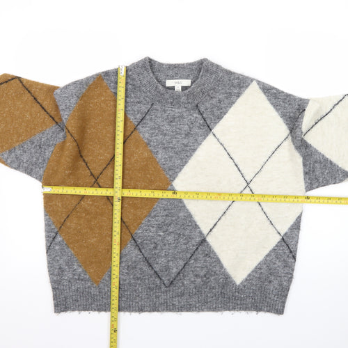 Marks and Spencer Women's Grey Argyle Wool Blend Pullover Jumper M