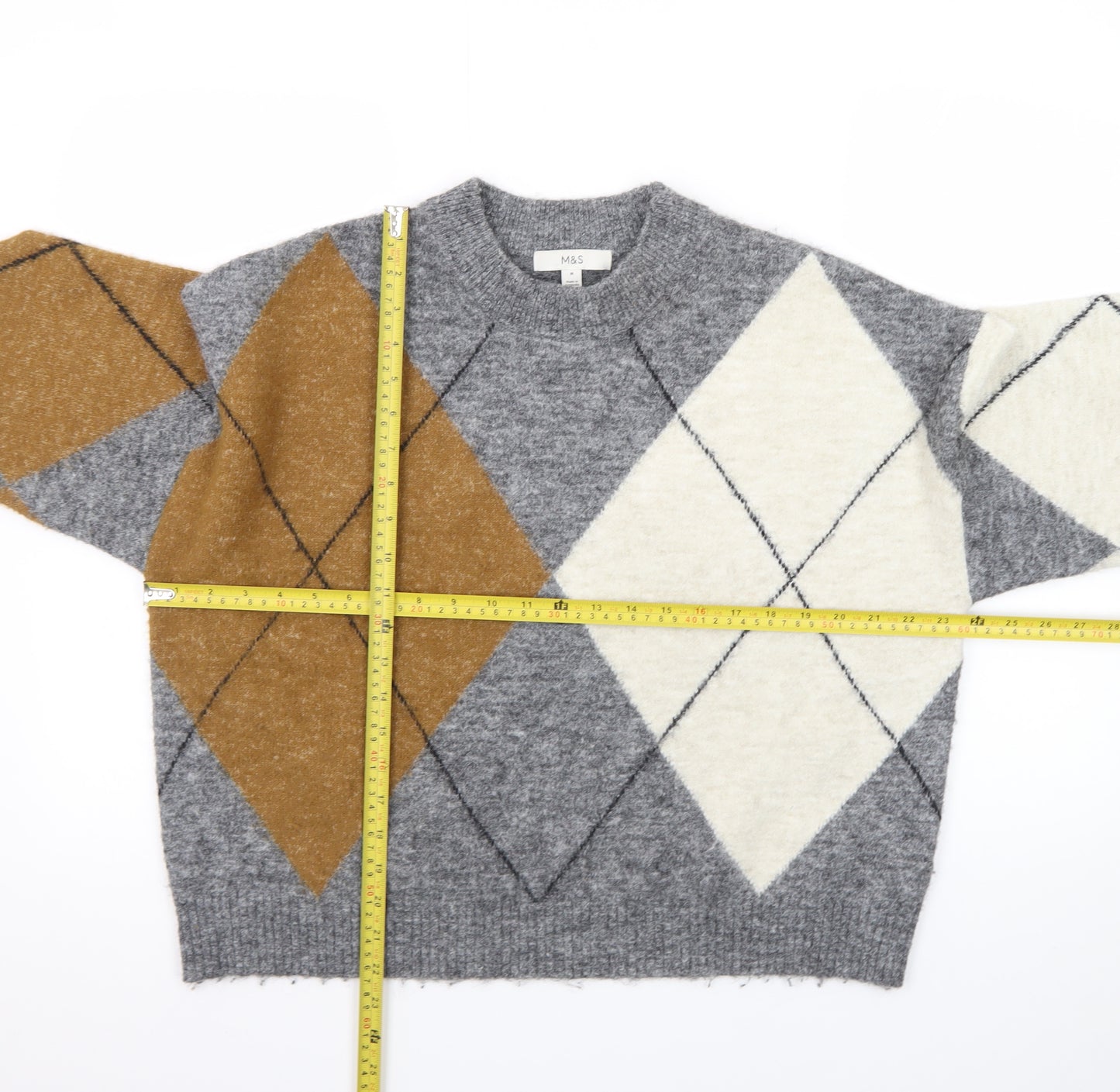 Marks and Spencer Women's Grey Argyle Wool Blend Pullover Jumper M