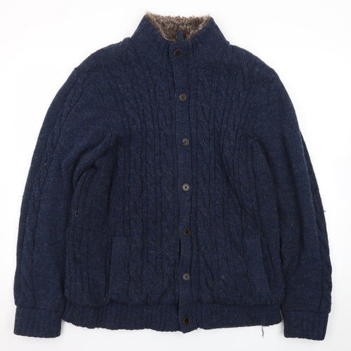 Morley Men's Blue Wool Cable Knit Fur Lined Button Cardigan L