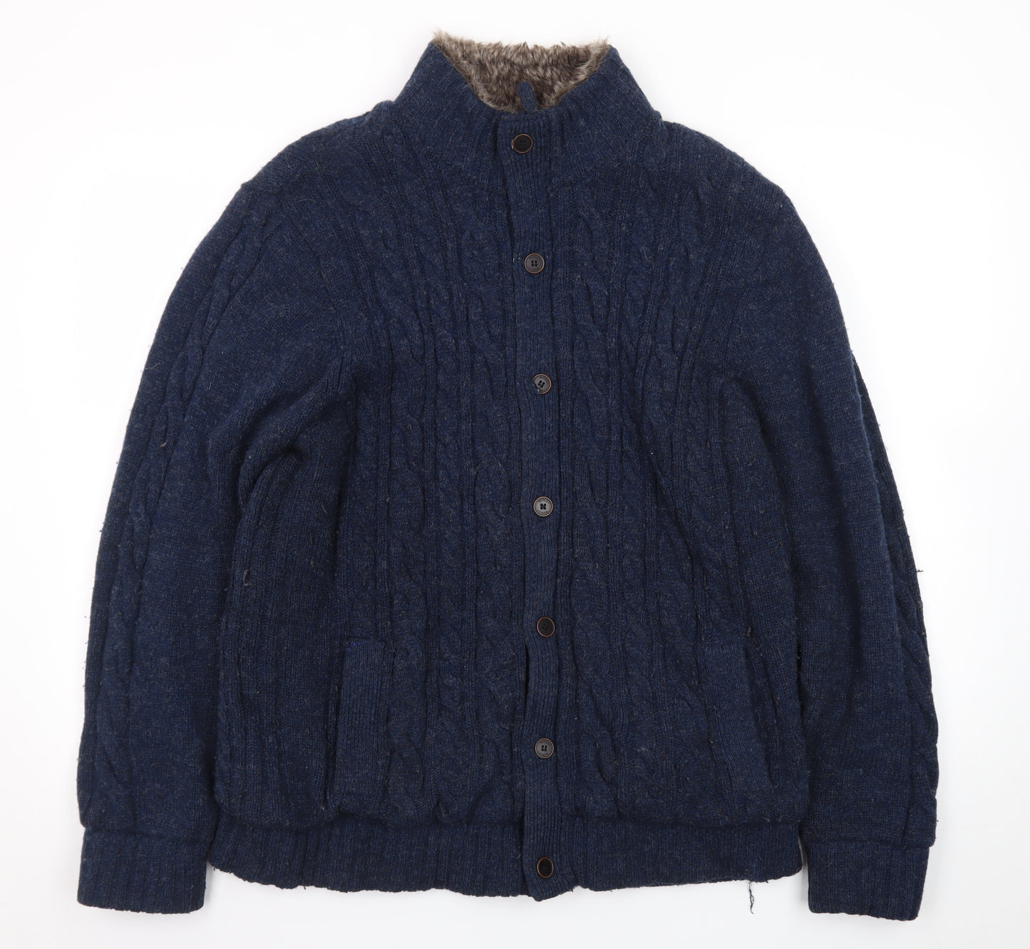 Morley Men's Blue Wool Cable Knit Fur Lined Button Cardigan L