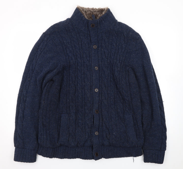 Morley Men's Blue Wool Cable Knit Fur Lined Button Cardigan L