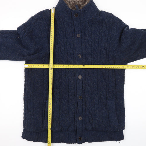 Morley Men's Blue Wool Cable Knit Fur Lined Button Cardigan L