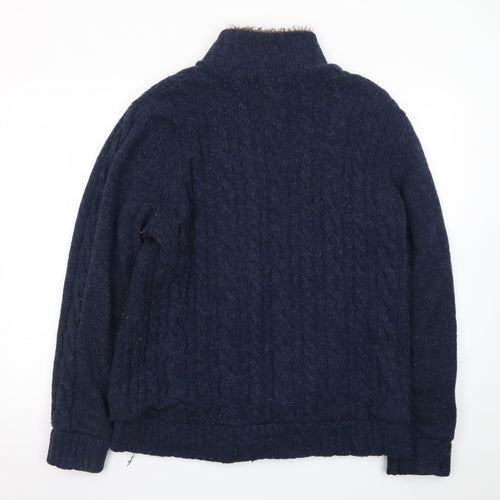 Morley Men's Blue Wool Cable Knit Fur Lined Button Cardigan L