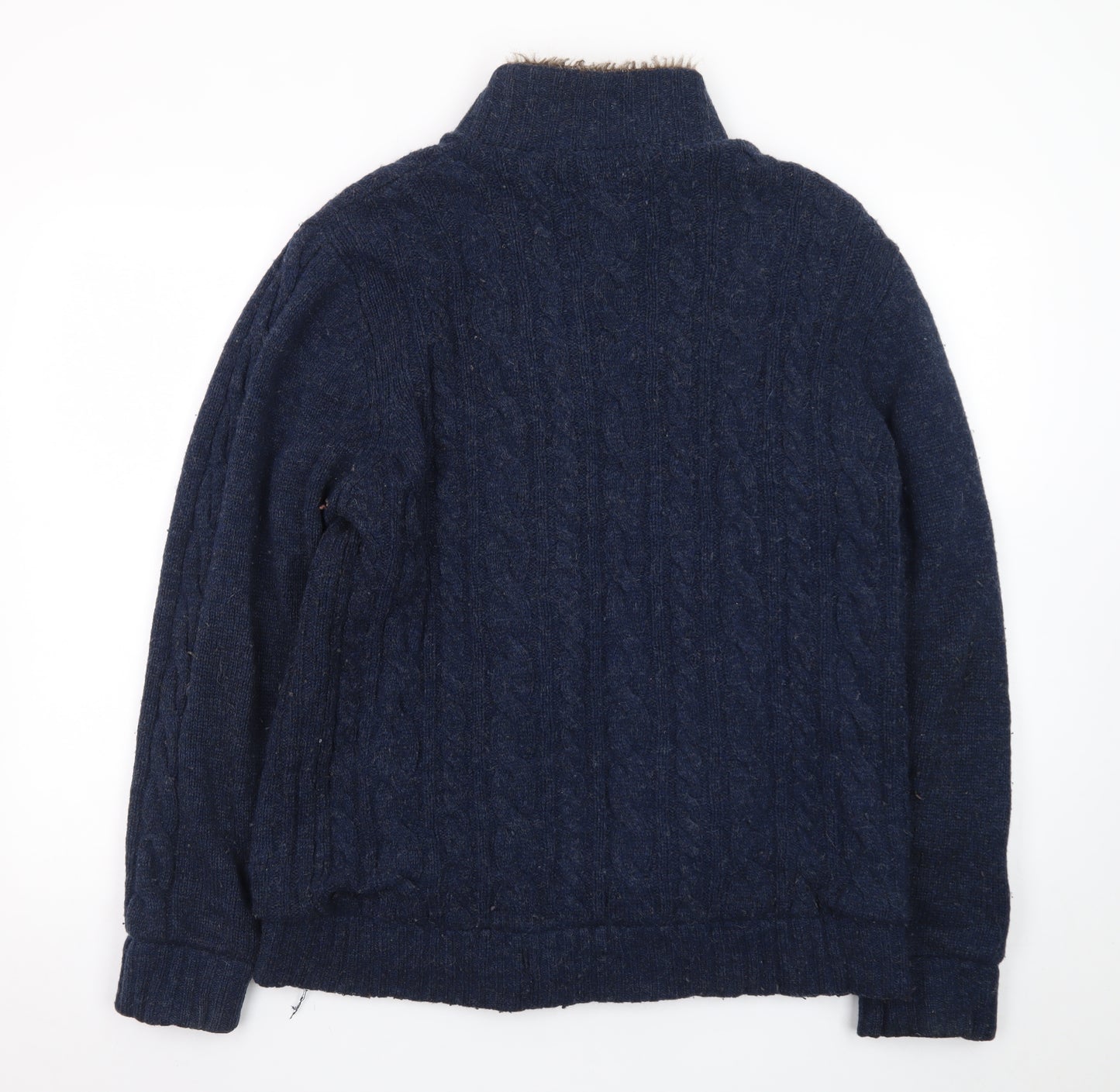 Morley Men's Blue Wool Cable Knit Fur Lined Button Cardigan L