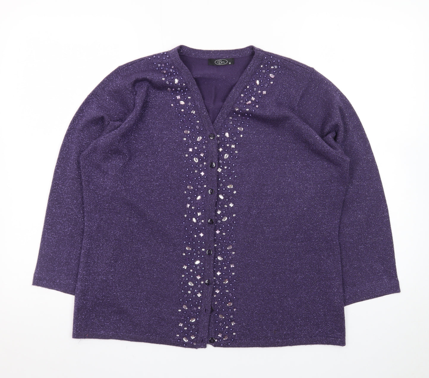 Bm Womens Purple Beaded V-Neck Cardigan Size M Acrylic Knit