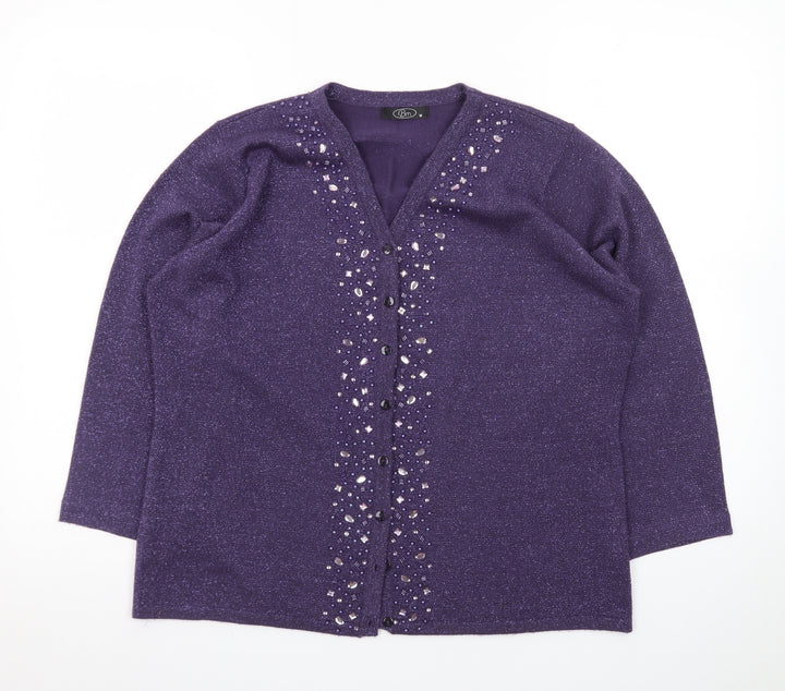 Bm Womens Purple Beaded V-Neck Cardigan Size M Acrylic Knit