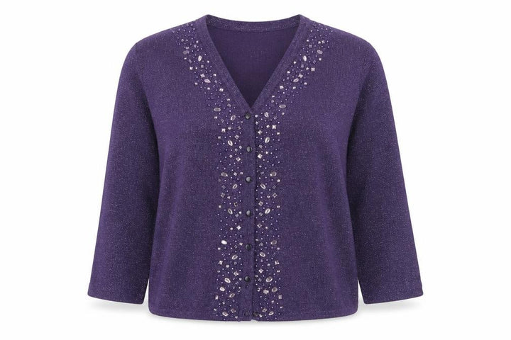 Bonmarché Womens Purple Beaded V-Neck Cardigan Size M Acrylic Knit