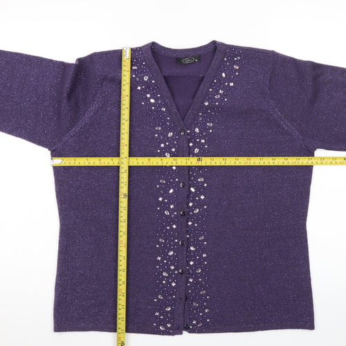Bm Womens Purple Beaded V-Neck Cardigan Size M Acrylic Knit
