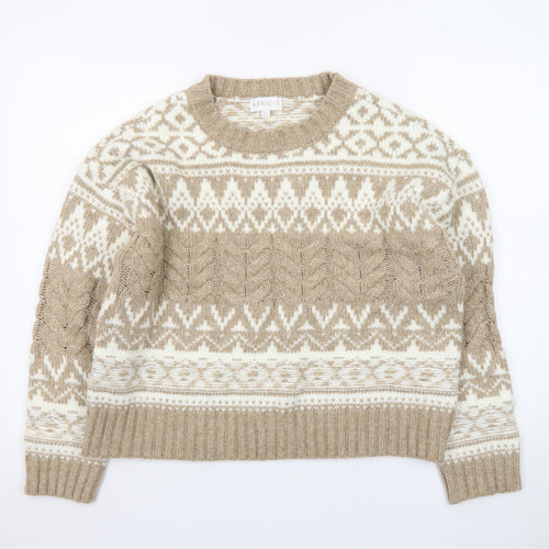 Apricot Womens Beige Fair Isle Cable-Knit Jumper UK 14 L Winter Pullover
