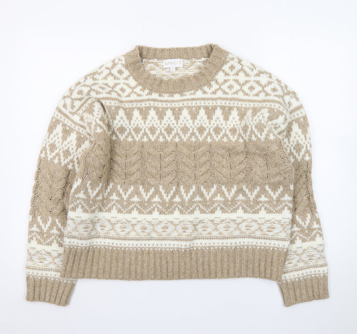 Apricot Womens Beige Fair Isle Cable-Knit Jumper UK 14 L Winter Pullover