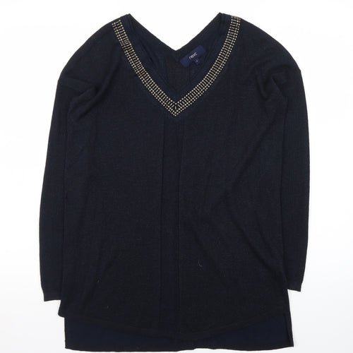 Next Womens Black Beaded V-Neck Long Sleeve Knit Jumper Size 8
