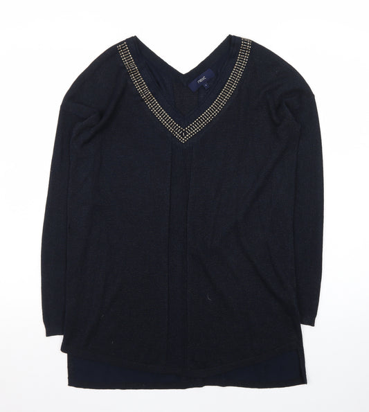 Next Womens Black Beaded V-Neck Long Sleeve Knit Jumper Size 8