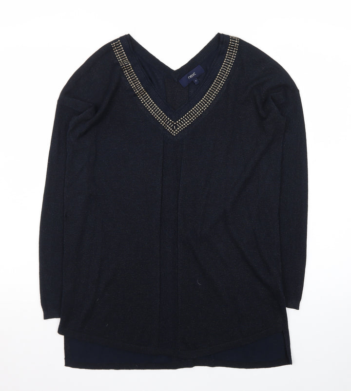 Next Womens Black Beaded V-Neck Long Sleeve Knit Jumper Size 8