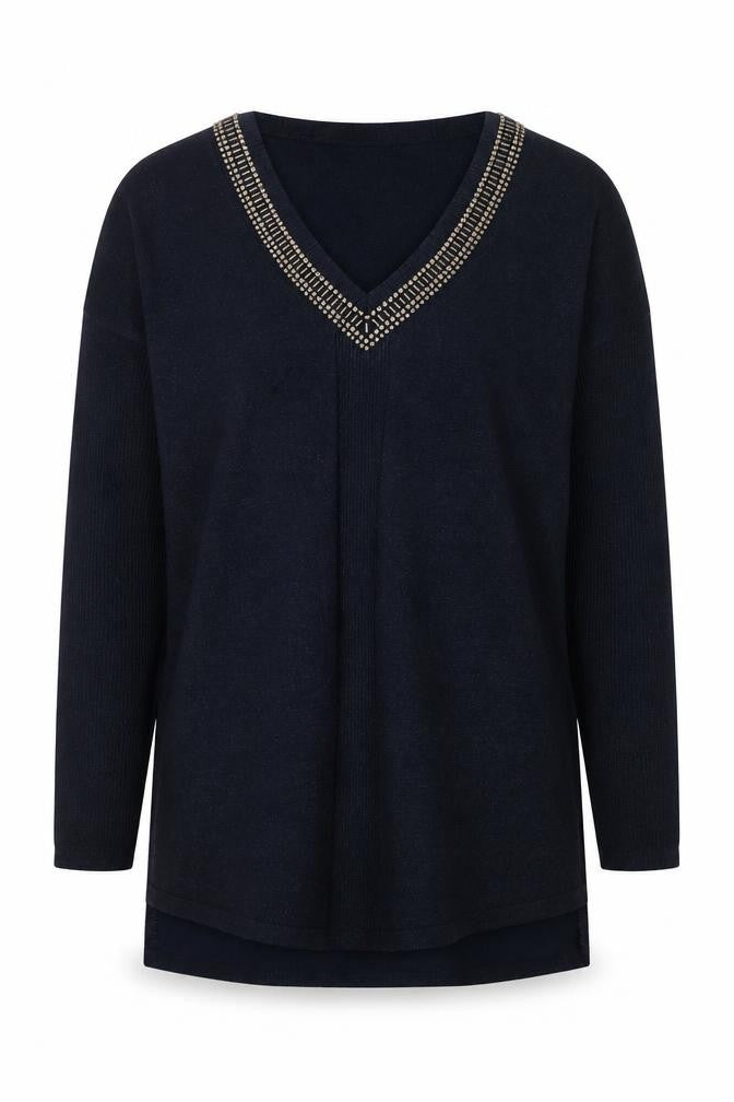 Next Womens Black Beaded V-Neck Long Sleeve Knit Jumper Size 8