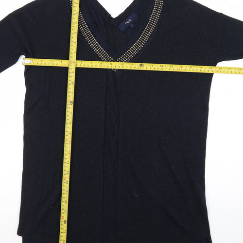 Next Womens Black Beaded V-Neck Long Sleeve Knit Jumper Size 8