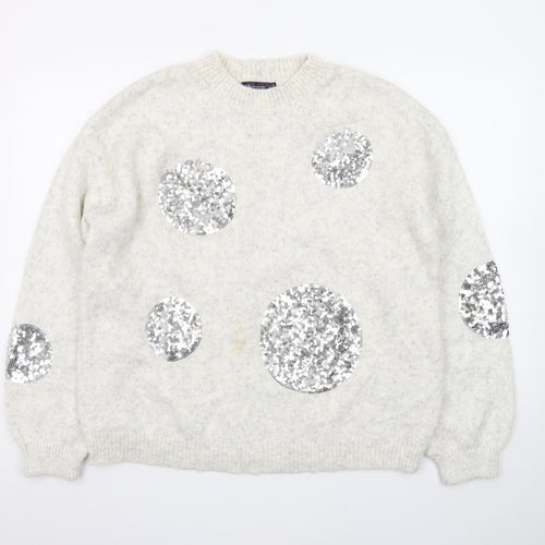 Marks and Spencer Women Silver Sequin Cream Jumper Size M Wool Blend