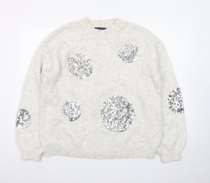 Marks and Spencer Women Silver Sequin Cream Jumper Size M Wool Blend