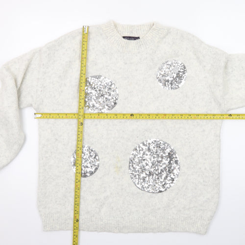 Marks and Spencer Women Silver Sequin Cream Jumper Size M Wool Blend