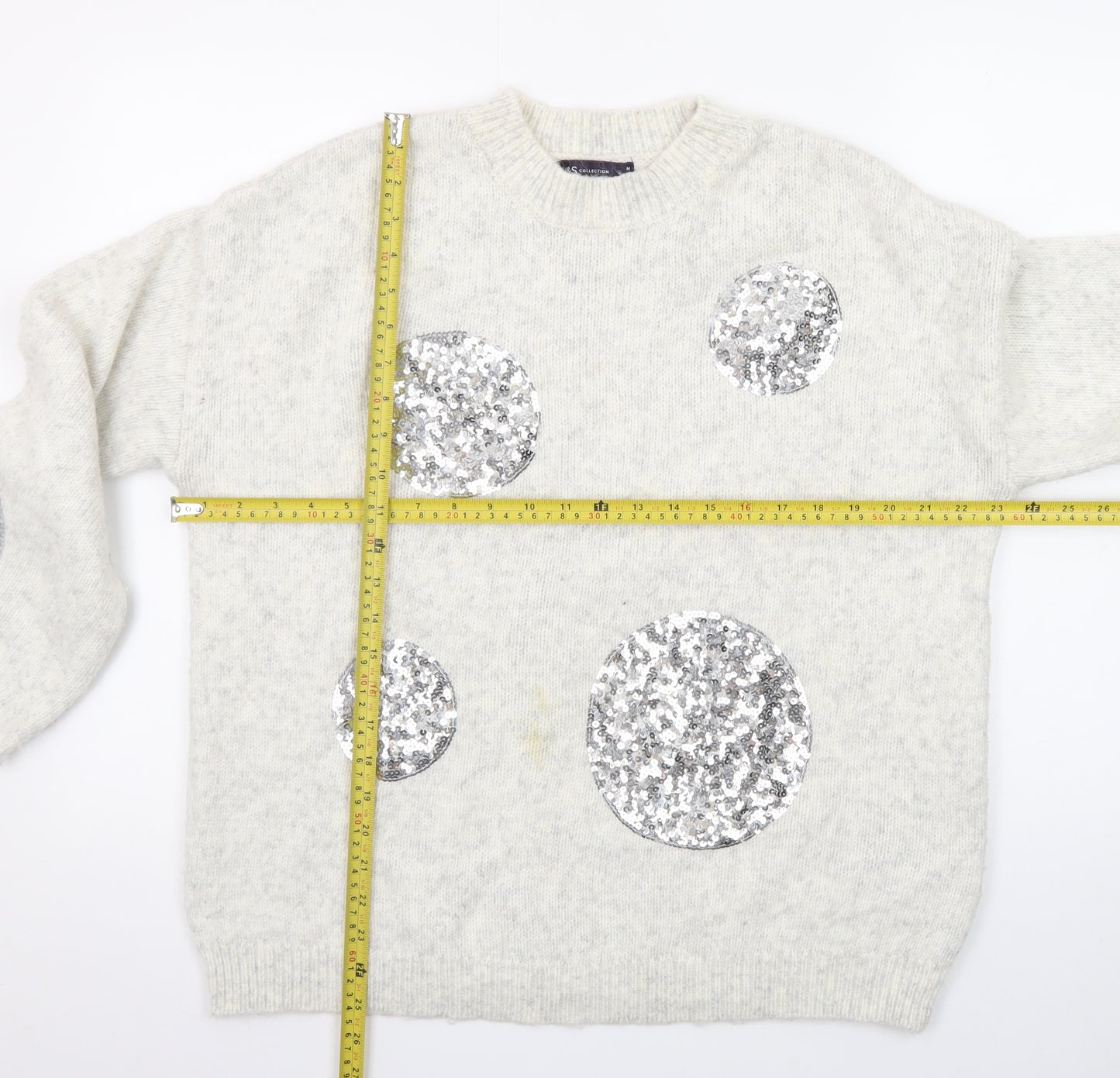 Marks and Spencer Women Silver Sequin Cream Jumper Size M Wool Blend