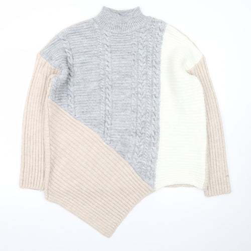 River Island Women’s Beige Colour Block High Neck Cable Knit Jumper Size 14