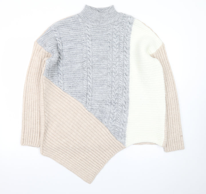 River Island Women’s Beige Colour Block High Neck Cable Knit Jumper Size 14