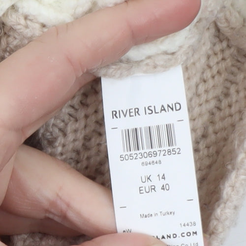 River Island Women’s Beige Colour Block High Neck Cable Knit Jumper Size 14