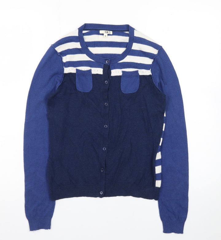 NW3 Women Blue Striped Button Cardigan Size 8 Cotton Blend