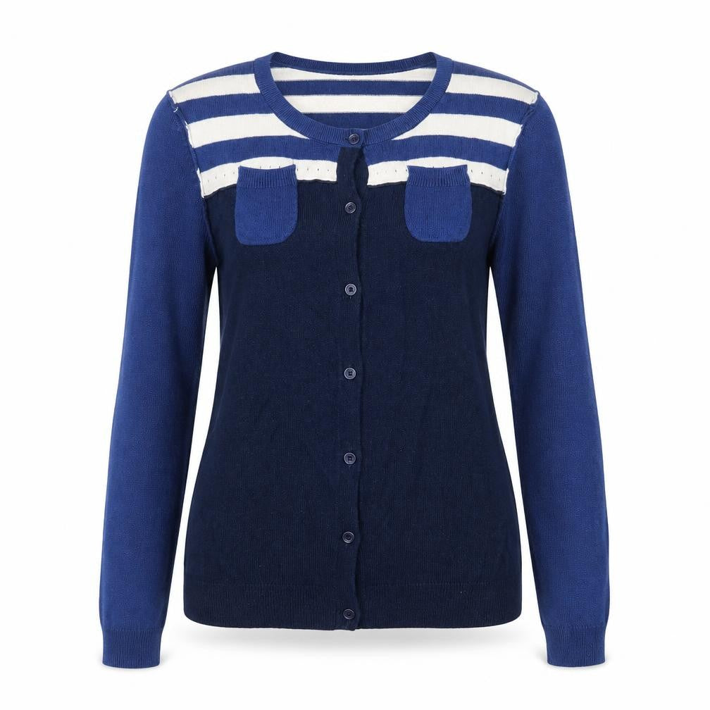 Front view of NW3 Women Blue Striped Button Cardigan, size 8, Cotton Blend