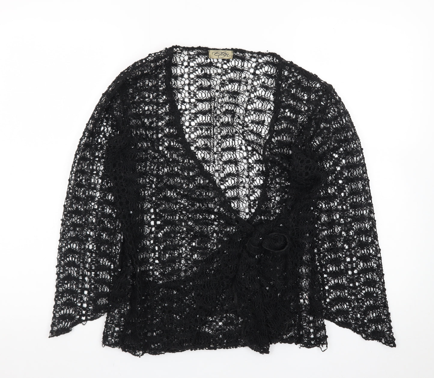 Etén Women’s Black Open Knit Sequin Crochet Cardigan Size L