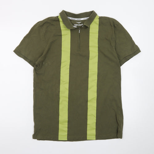 Threadbare Men's Green Colourblock 1/4 Zip Polo Shirt Size L
