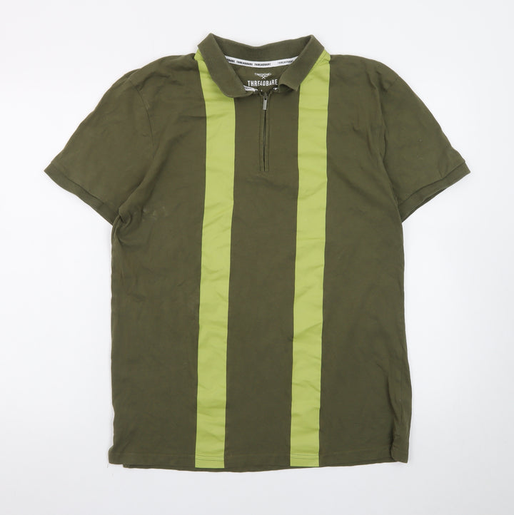 Threadbare Men's Green Colourblock 1/4 Zip Polo Shirt Size L