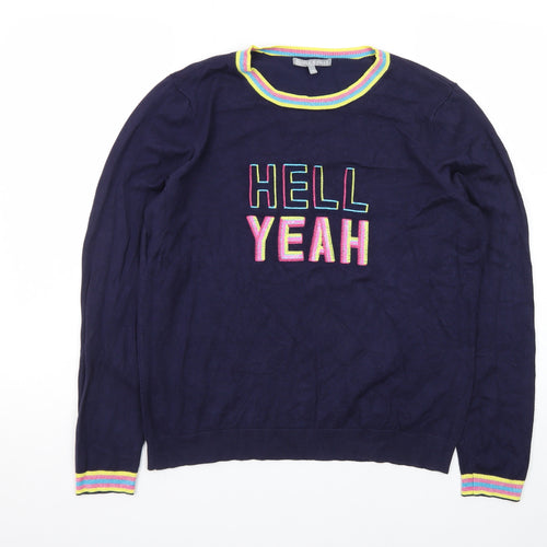 Oliver Bonas Women Navy Blue Jumper Size 14 Crew Neck Embroidered Hell Yeah Knit