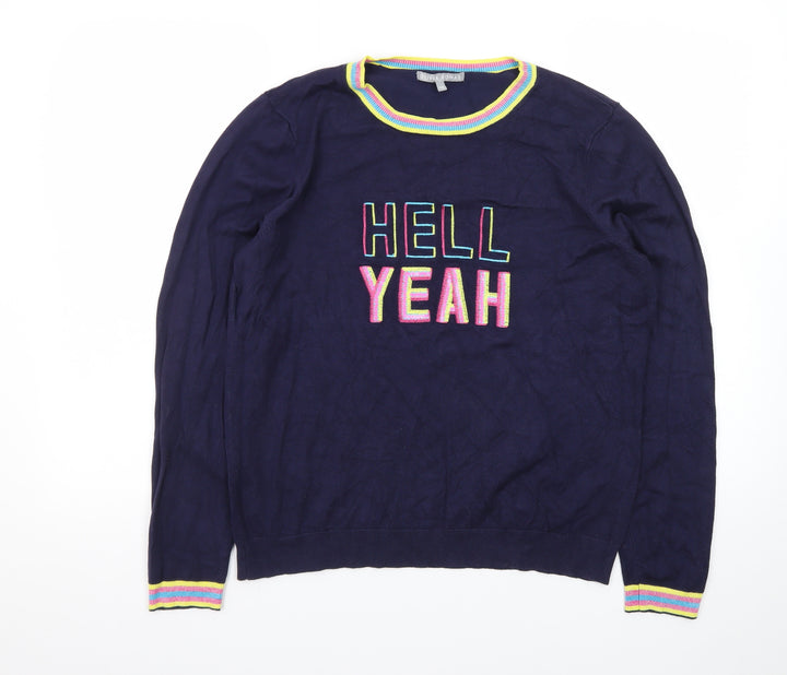 Oliver Bonas Women Navy Blue Jumper Size 14 Crew Neck Embroidered Hell Yeah Knit