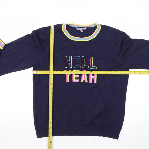 Oliver Bonas Women Navy Blue Jumper Size 14 Crew Neck Embroidered Hell Yeah Knit