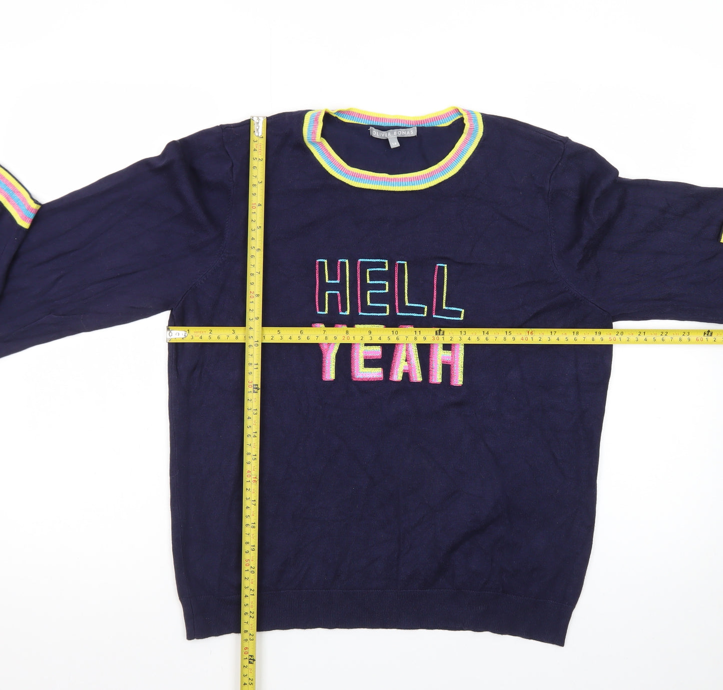 Oliver Bonas Women Navy Blue Jumper Size 14 Crew Neck Embroidered Hell Yeah Knit