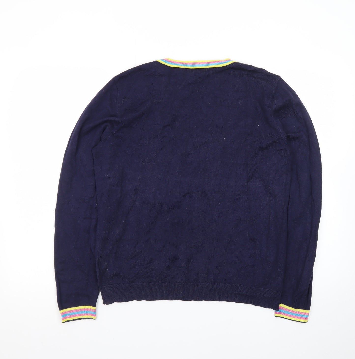 Oliver Bonas Women Navy Blue Jumper Size 14 Crew Neck Embroidered Hell Yeah Knit