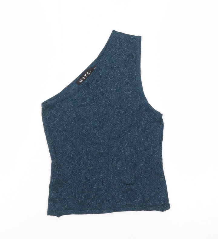Motel Womens Blue Glitter One Shoulder Tank Top 2XS