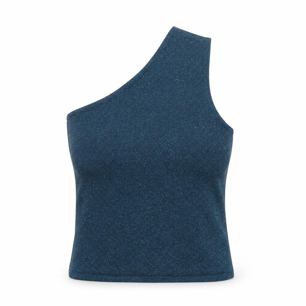 Front view of Motel Rocks women’s blue glitter one shoulder tank top 2xs