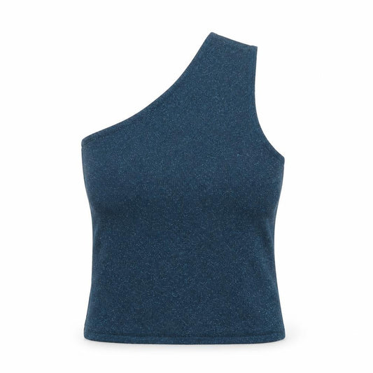 Front view of Motel Rocks women’s blue glitter one shoulder tank top 2xs