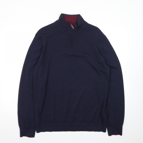 White Stuff Men’s Blue Wool Half Zip Jumper XL High Neck Knit