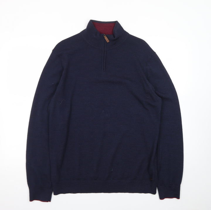 White Stuff Men’s Blue Wool Half Zip Jumper XL High Neck Knit