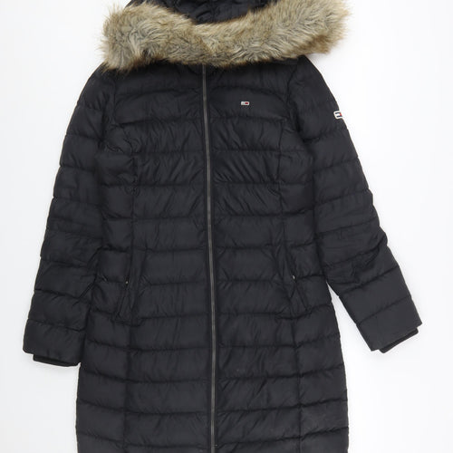 Tommy Jeans Women’s Black Long Puffer Coat Hooded Faux Fur Trim Size S