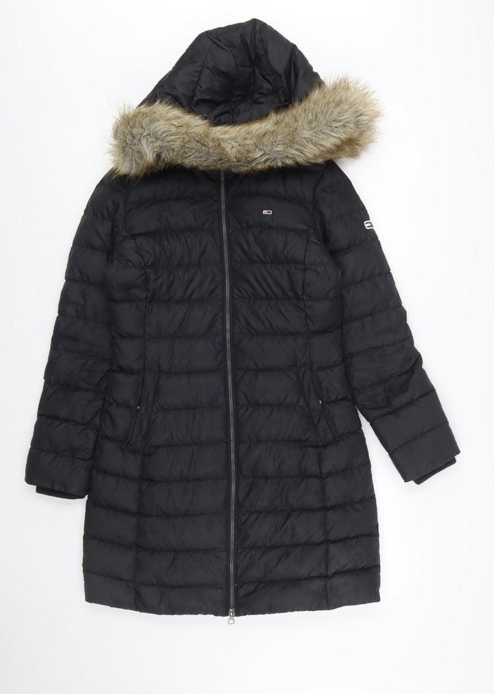 Tommy Jeans Women’s Black Long Puffer Coat Hooded Faux Fur Trim Size S