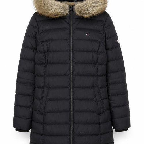 Tommy Jeans Women’s Black Long Puffer Coat Hooded Faux Fur Trim Size S