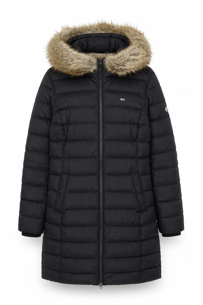 Tommy Jeans Women’s Black Long Puffer Coat Hooded Faux Fur Trim Size S