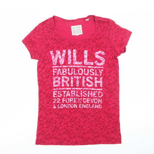 Jack Wills Women's Pink Floral Crew Neck Cotton T-Shirt Size 6