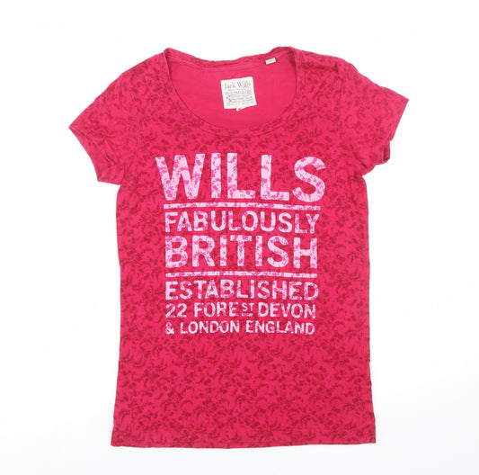 Jack Wills Women's Pink Floral Crew Neck Cotton T-Shirt Size 6