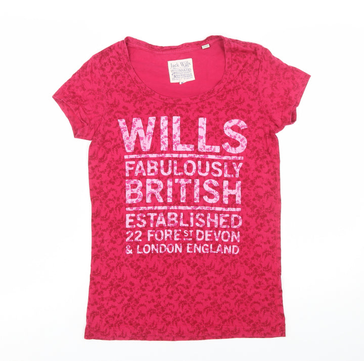 Jack Wills Women's Pink Floral Crew Neck Cotton T-Shirt Size 6